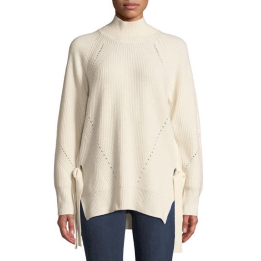 Rebecca Taylor Ribbed Turtleneck Tie Pullover Cream Size M